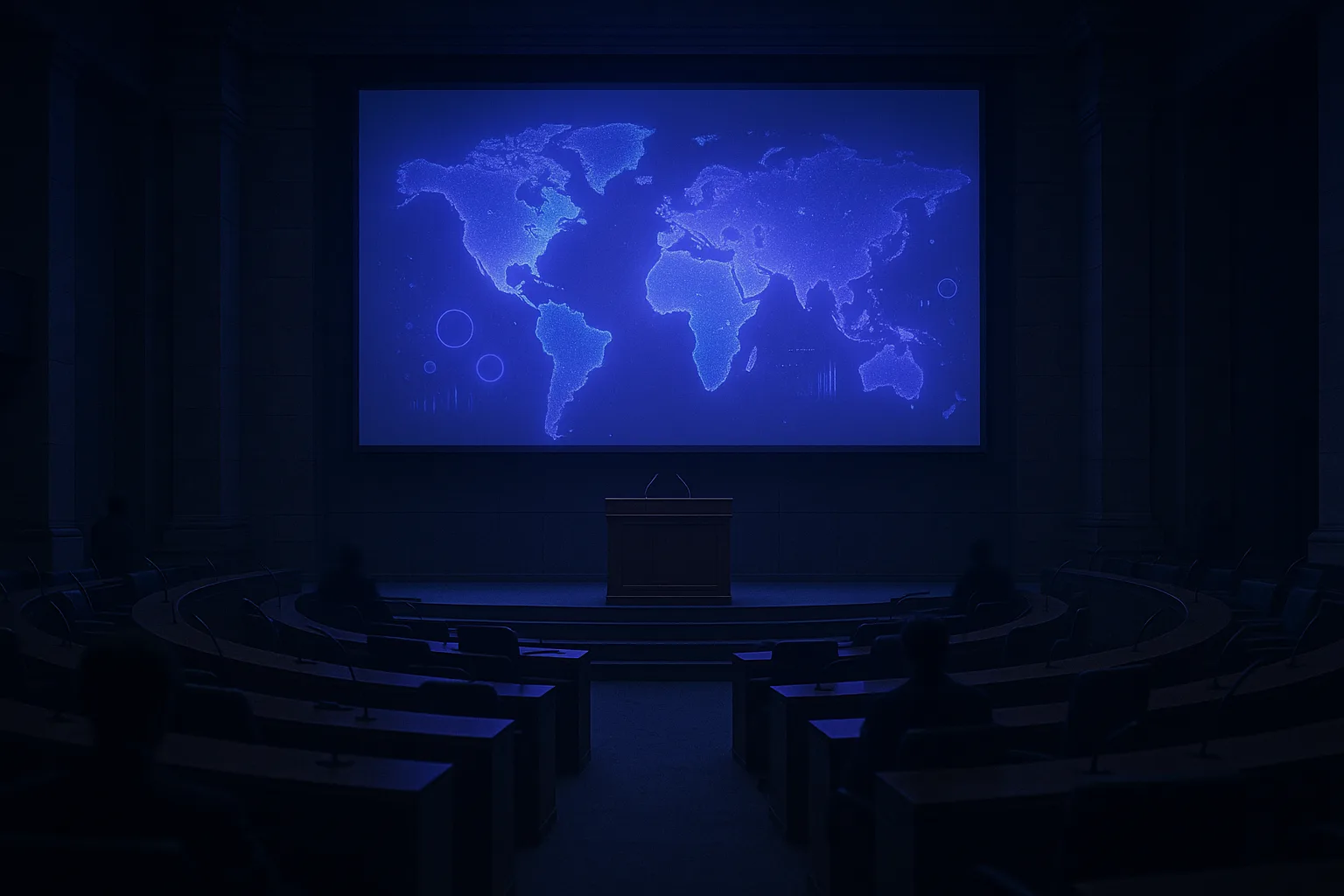 Grand écran d'affichage dans une salle institutionnelle montrant une carte et des données lumineuses abstraites