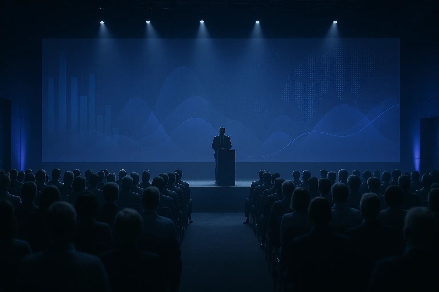 Grand écran LED dans une salle de congrès affichant des visualisations de données lumineuses pendant une session