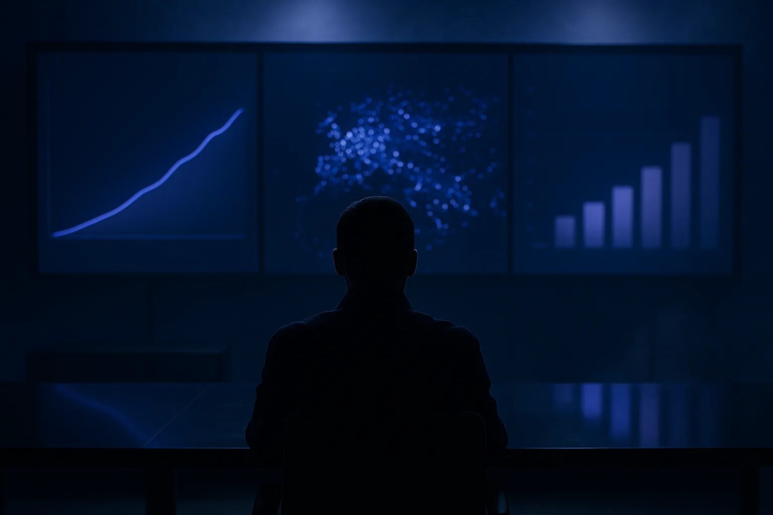 Mur d'écrans d'analytics affichant courbes de fréquentation et carte lumineuses, dans une régie d'événement